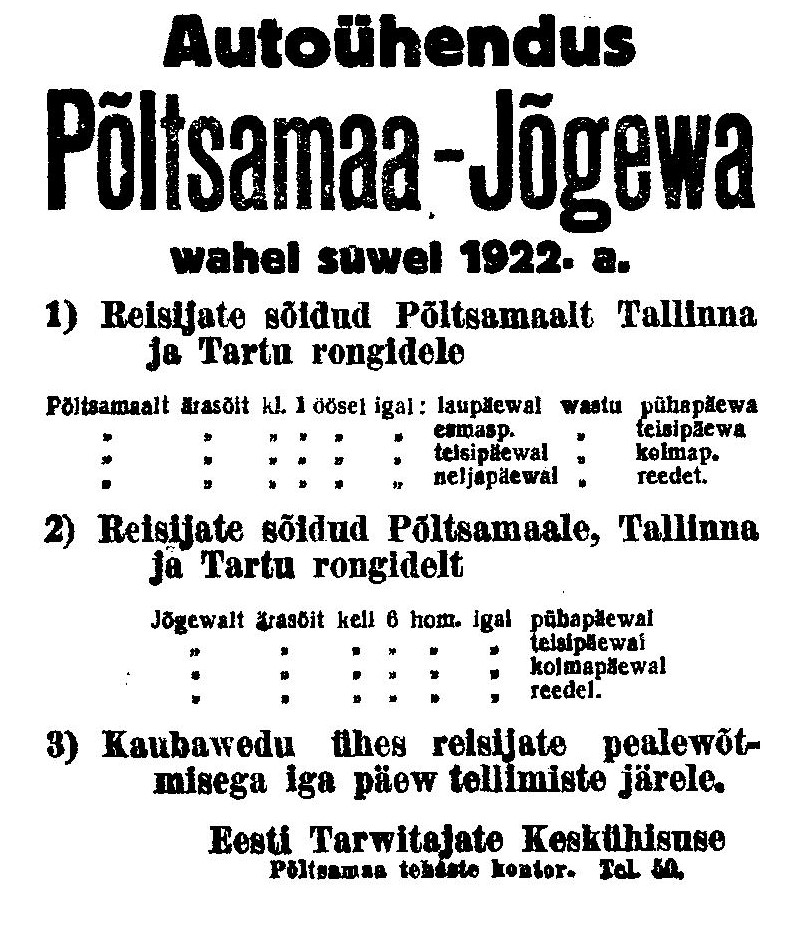 Põltsamaa ETK veoauto reklaam ajalehes Postimees, 26. mai 1922.