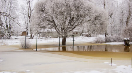 Jõgi hakkas pahandust tegema juba Lossi tänaval. Maja nr 10 juures ujutas jõgi üle kuurid ja lillepeenrad. Foto Raimo Metsamärt