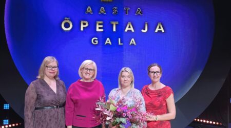 Margit Uus, Annela Ojaste, Margit Tõnisson ja Karmen Maikalu õpetajate galal Tartus. Foto erakogu